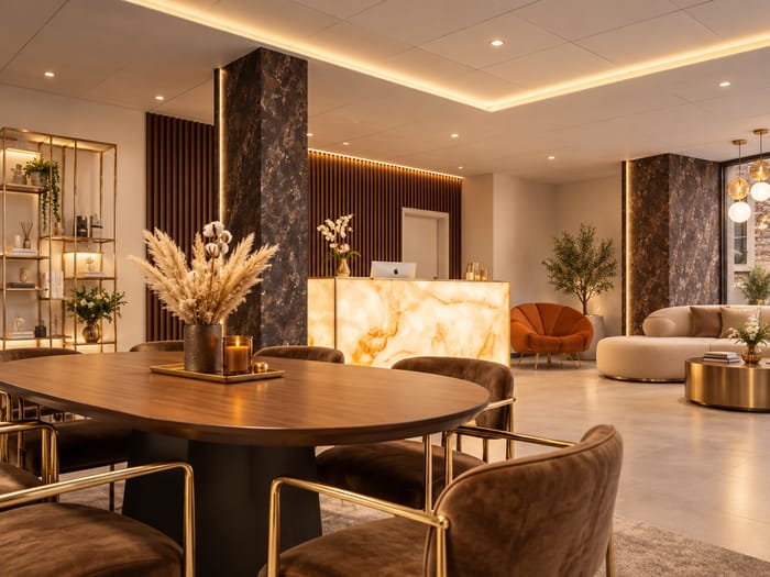 Lounge von Coppola Medical mit beleuchtetem Onyx-Tresen und Holztisch